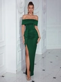 Elegante abito da sera in raso verde smeraldo con spalle scoperte e spacco laterale - S / Verde