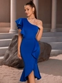 Elegante vestido midi azul real de un hombro con volantes y silueta sirena ajustada - XS / Azul