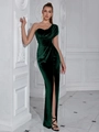 Elegantes smaragdgrünes Samt-Abendkleid mit One-Shoulder-Schnitt und hohem Beinschlitz - M / Grün