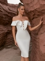 Elegante abito bandage bianco con spalle scoperte, scollo a balze e dettaglio lacci - S / Bianco