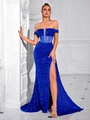 Sparkling dark blue sequin off-shoulder evening gown with a high slit and waist corset - XS / Blue