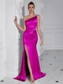 Elegantes fuchsiafarbenes Satin-Maxikleid mit One-Shoulder-Schnitt und hohem Schlitz - XS / Rosarot