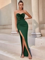 Elegantes dunkelgrünes Pailletten-Abendkleid trägerlos mit hohem Schlitz und Taillenfalten - M / Dunkelgrün