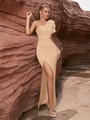 Robe de soirée élégante à une épaule champagne avec volants et fente haute sexy - Abricot