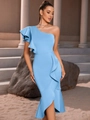 Vestido azul claro de un hombro con volantes, corte ajustado y elegante dobladillo sirena - S / Azul claro