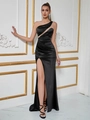 Elegant black satin one-shoulder evening gown with slit design and draped waist detail - S / Black