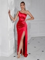 Elegant red satin one-shoulder maxi evening dress with side slit and waist ruching - Red