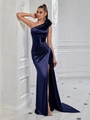 Elegantes marineblaues One-Shoulder-Abendkleid mit Blumendetails und hohem Schlitz - XS / Marineblau
