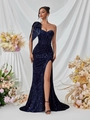 Elegante abito da sera blu scuro con paillettes fiocco monospalla e spacco alto - M / Blu navy