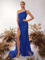 Elegantes königsblaues Pailletten-Abendkleid mit One-Shoulder-Schnitt und hohem Beinschlitz - XS / Blau