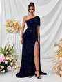 Elegante abito da sera blu scuro con paillettes, monospalla e spacco alto laterale - XS / Blu navy
