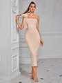 Elegant apricot one-shoulder midi dress featuring a large bow and bodycon fit - Apricot