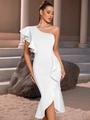 Robe de soirée sirène blanche à une épaule avec volants élégants et fente latérale fluide - Blanc