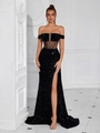 Elegant black sequin off-shoulder evening gown with corset bodice and high slit detail - XS / Black