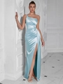 Vestido de fiesta en satén azul claro de un hombro con fruncido y abertura lateral - XS / Azul claro