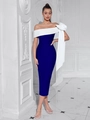 Détail d'une robe bandage bleu roi avec nœud blanc à l'épaule et coupe moulante - Bleu
