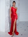 Elegant red one-shoulder satin evening dress with pleated details and side high slit - XS / Red