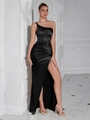Elegant black one shoulder satin evening dress with high slit and pleated waist details - Black