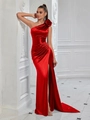 Elegant red one-shoulder evening dress with 3D rose detail and high slit satin skirt - Red