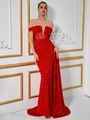 Elegant red sequined off-shoulder evening dress with sheer waist and high side slit - Red