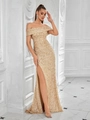 Elegant gold sequin off-shoulder evening gown with slim fit and high slit design - Champagne