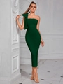 Elegant dark green one-shoulder evening dress with a large bow detail and slim fit cut - Dark Green