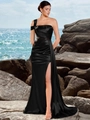 Elegante abito da sera in raso nero monospalla con pizzo in vita e spacco laterale - XS / Nero