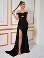 Elegant black off-shoulder floor-length evening gown with side slit and waist pleats - XS / Black