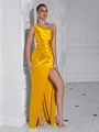 Robe de soirée élégante en satin jaune à une épaule avec détails drapés et fente haute - Jaune