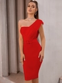 Detail view of the sleek waist belt and shoulder cut on a red bodycon evening dress - L / Red