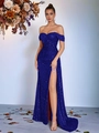 Détail d'une robe de soirée à paillettes bleu roi avec fente haute et bustier à baleines - XS / Bleu Royal (Fermeture Éclair)