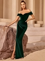 Elegantes smaragdgrünes Samt-Abendkleid schulterfrei mit Seitenschlitz und Taillenfalten - XL / Dunkelgrün