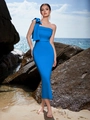 Elegant bright blue off-shoulder evening dress with a large shoulder bow accent - Aqua