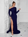 Elegantes marineblaues One-Shoulder-Abendkleid mit hohem Schlitz und Taillenfalten für Galas - XS / Marineblau