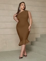 Detailed close-up of brown one-shoulder bandage evening dress with fish-tail hem - 3XL / Coffee
