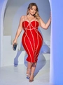 Abito da cocktail rosso bandage aderente con motivi geometrici beige e spalline sottili - 2XL / Rosso