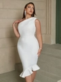 Detail view of the elegant white one-shoulder mermaid dress with ruffled fishtail hemline - 1XL / White