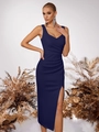 Elegant navy blue v-neck sleeveless midi dress with ruched waist and side slit detail - XS / Navy Blue