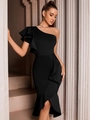 Elegant black one-shoulder ruffled dress with slim fit and side slit for party events - S / Black