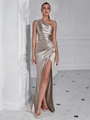 Robe de soirée élégante en satin champagne à une épaule avec fente latérale et plissée - Gris foncé