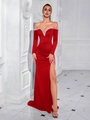 Elegante abito da sera rosso con spalle scoperte, maniche lunghe e decoro di perle - XS / Rosso Anguria