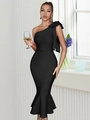 Elegant black one-shoulder fishtail midi dress with oversized shoulder bow decoration - XS / Red