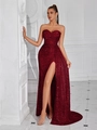 Elegantes bordeauxrotes Abendkleid mit Pailletten, trägerlos und mit Beinschlitz - S / Burgunderrot