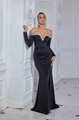 Elegante abito da sera nero con spalle scoperte, strass e spacco alto laterale - XS / Nero