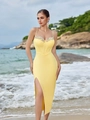 Elegant yellow bandage dress with rhinestone straps and high slit for formal party wear - Yellow