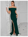 Slim fit off-shoulder long evening dress in elegant dark emerald green with side slit - XS / Dark Green