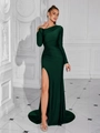 Elegantes smaragdgrünes Abendkleid mit einer Schulter, Seitenschlitz und Taillenraffung - XS / Dunkelgrün