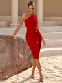 Elegante abito rosso monospalla aderente con dettaglio a fessura e bottoni dorati - XS / Rosso