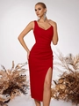 Elegant slim-fit red sleeveless V-neck midi dress with side slit and waist ruching - XS / Red