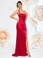 Elegante rode satijnen maxi-jurk met spaghettibandjes, hoge split en plooien in de taille - XS / Rood